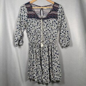 Hollister Peasant Mini Dress Tassel Ties Red Blue Floral